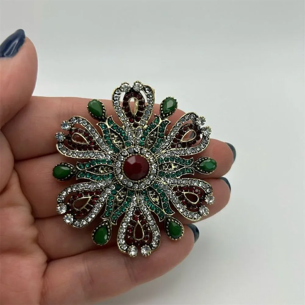 Baroque Flower Red, Green & Clear Rhinestones Round Brooch Sparkle Gold Tone